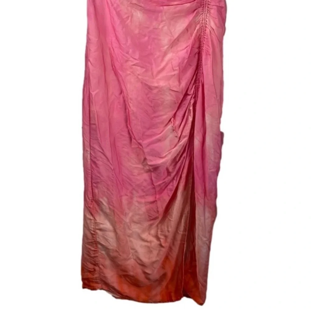 Zara Pink Semi Sheer Slit Draped Ombré Ruched Silk Satin Pencil Skirt Small